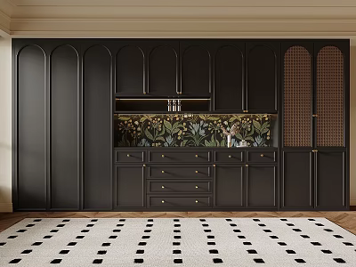 Elegant Modern Black Sideboard With Golden Handles Floral Pattern Backsplash And Cabinets 3d model