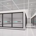 Modern Office Hallway With Bright Lighting Glass Partitions And Grid Ceiling 3d model