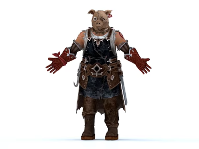 Armored Fantasy Warrior Pig Creature With Leather Armor And Red Gloves 3d model