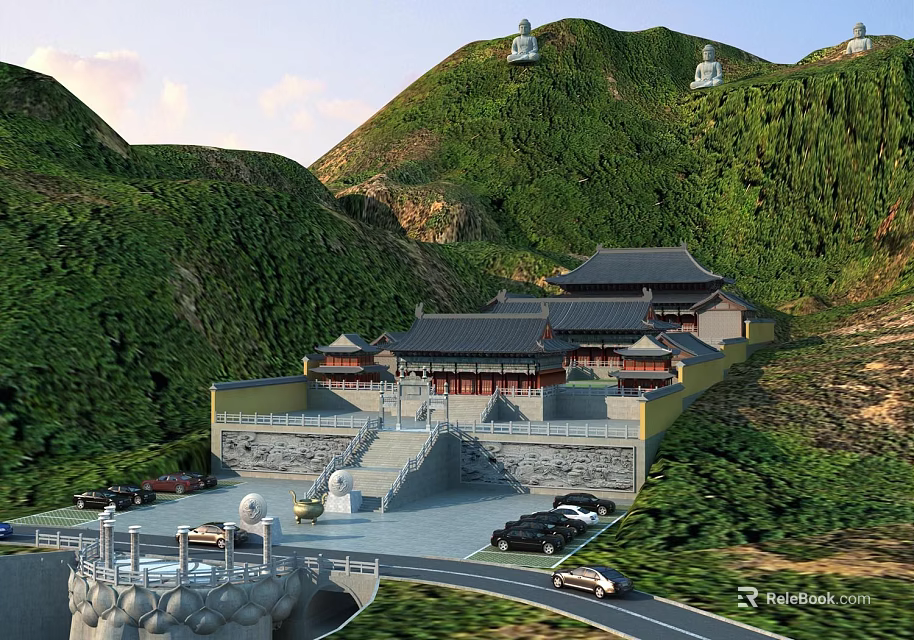 Ancient Architectural Complex With Chinese Traditional Temple Pagodas On Green Hills Stone Steps And Cars 3d model 