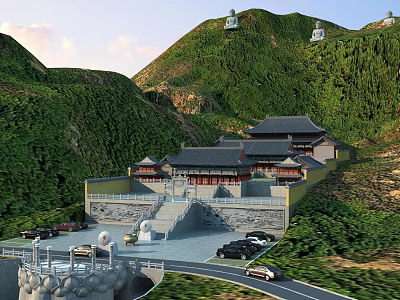 Ancient Architectural Complex With Chinese Traditional Temple Pagodas On Green Hills Stone Steps And Cars 3d model