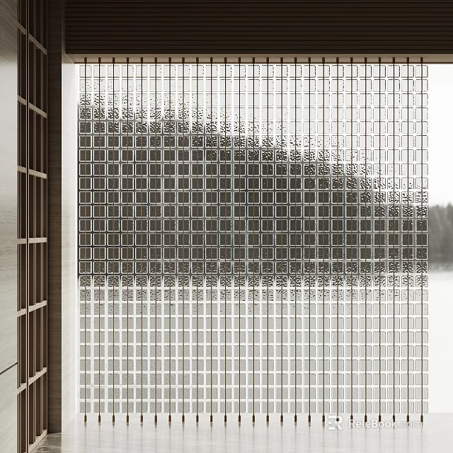Modern Glass Room Divider With Grid Pattern Revealing Natural Tree And Water View 3d model 