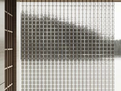 Modern Glass Room Divider With Grid Pattern Revealing Natural Tree And Water View 3d model