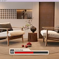 Two Leisure Chairs Wooden Frame White Cushions Gray Pillows on Round Carpet Wooden Stool Vase Lattice Wall Design