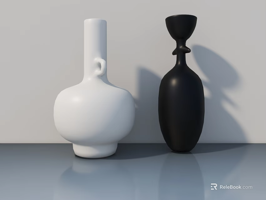 Modern Minimalist Decorative Ornament Set With White And Black Vases On Tabletop 3d model 