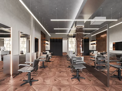 Modern Hair Salon Interior With Styling Chairs Mirrors And Patterned Wooden Floor 3d model