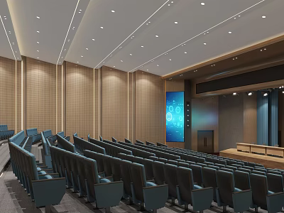 Spacious Conference Room Interior With Blue Seats Lectern Large Screen And Ceiling Lights 3d model