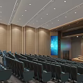 Spacious Conference Room Interior With Blue Seats Lectern Large Screen And Ceiling Lights 3d model