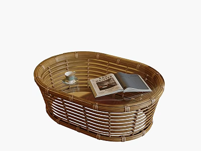 Oval Shaped Wicker Coffee Table With Open Book And Cup On Top 3d model