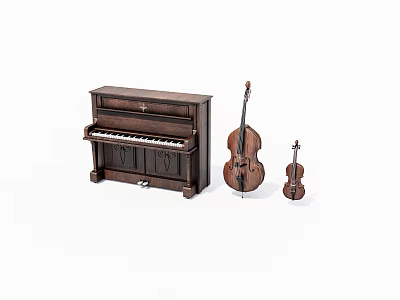 Vintage Wooden Musical Instruments Display Featuring Piano Cello And Violin 3d model