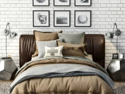 Double Bed With Leather Frame Linen Bedding Multiple Pillows Brick Wall And Metal Table Lamps 3d model