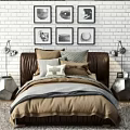 Double Bed With Leather Frame Linen Bedding Multiple Pillows Brick Wall And Metal Table Lamps