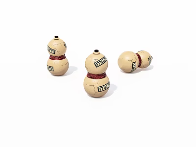 Three Decorative Gourd Ornaments With Red Straps And Green Labels On White Background 3d model