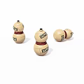 Three Decorative Gourd Ornaments With Red Straps And Green Labels On White Background
