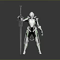 Sci Fi Biomechanical Character In Silver Green Armor Holding Futuristic Polearm Weapon