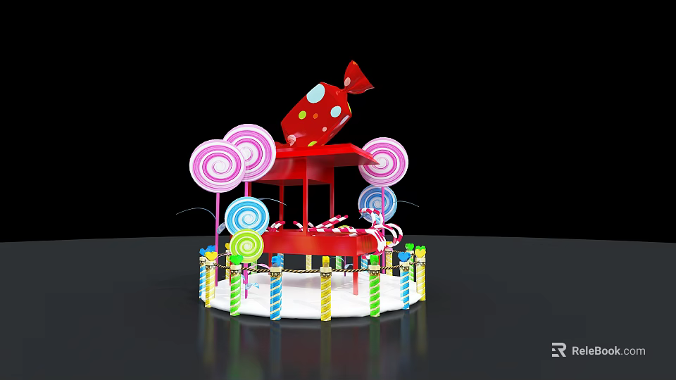 Colorful Carousel With Red Candy Roof Lollipop Decorations And Colorful Columns 3d model 