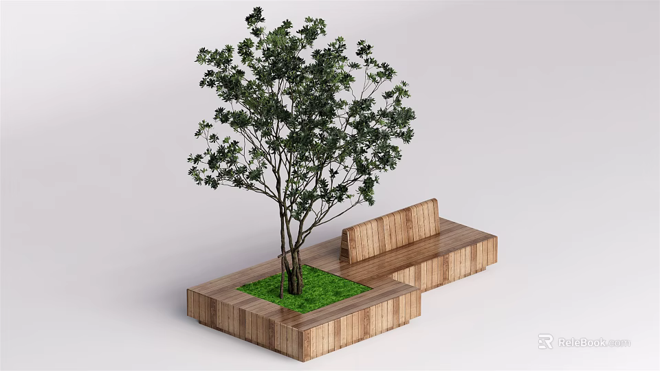 Wooden Tree Pit Featuring Green Tree And Adjacent Wooden Bench In Outdoor Space 3d model 