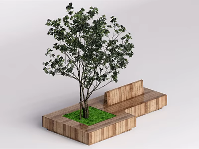 Wooden Tree Pit Featuring Green Tree And Adjacent Wooden Bench In Outdoor Space 3d model