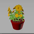 Potted Plant With Yellow Flowers And Green Leaves In Red Pot