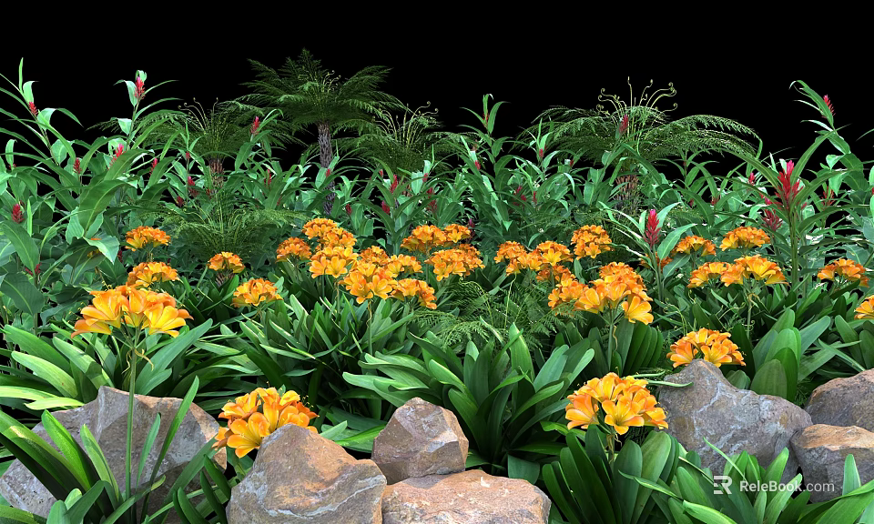 Lush Green Shrubs With Vibrant Yellow Flowers And Natural Rocks In Garden 3d model 