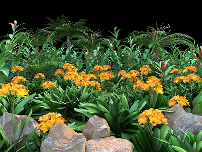 Lush Green Shrubs With Vibrant Yellow Flowers And Natural Rocks In Garden 3d model