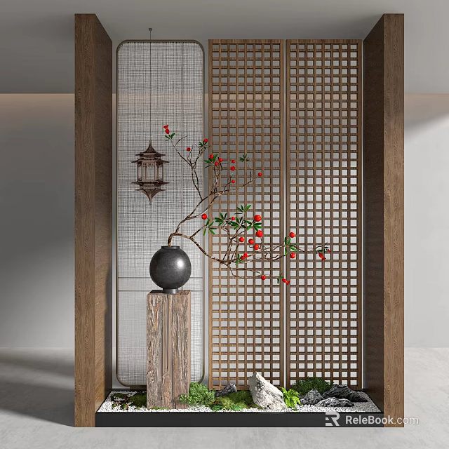 Oriental Wooden Lattice Partition Screen With Black Vase Red Blossoms Lantern And Greenery 3d model 
