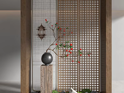 Oriental Wooden Lattice Partition Screen With Black Vase Red Blossoms Lantern And Greenery 3d model