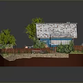 Blue Miniature House Model With White Tile Roof Green Trees And Wooden Fence