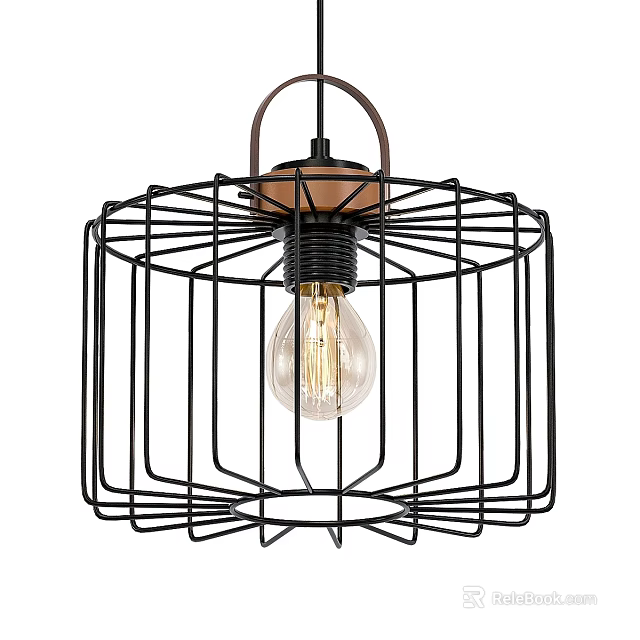 Industrial Style Pendant Light With Black Metal Cage Design Transparent Bulb Wooden Top Brown Hanging Rope 3d model 