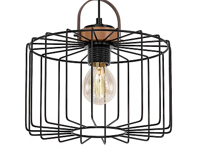Industrial Style Pendant Light With Black Metal Cage Design Transparent Bulb Wooden Top Brown Hanging Rope 3d model