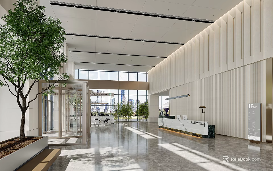 Modern Spacious Lobby Interior With Glass Windows City View Green Plants And Reception Desk 3d model 