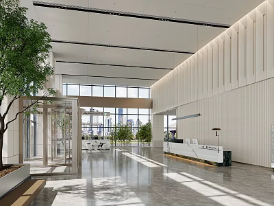 Modern Spacious Lobby Interior With Glass Windows City View Green Plants And Reception Desk 3d model