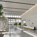 Modern Spacious Lobby Interior With Glass Windows City View Green Plants And Reception Desk