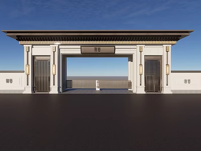 Elegant Traditional Chinese Entrance Gate With Symmetric Design Plaque And Stone Columns 3d model