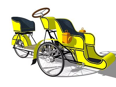 Vintage Yellow Tricycle Car With Black Seats Steering Wheel And Orange Details 3d model