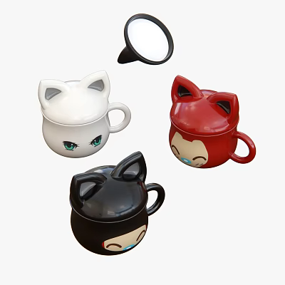 Cute Cat Ear Shaped Mugs With White Red Black Colors And Cartoon Expressions 3d model