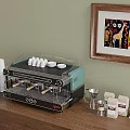 Wooden Bar Counter With Turquoise Espresso Machine White Cups Milk Frother And Framed Artwork