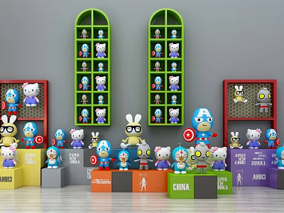 Colorful Dolls With Various Designs On Arched Shelves And China Arts Platforms 3d model