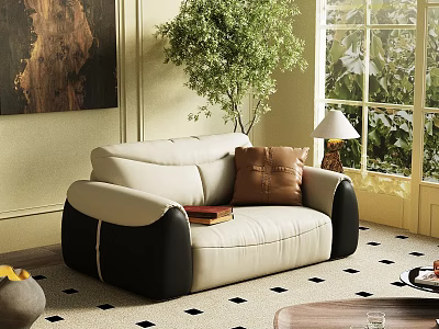 Cozy Single Sofa With Brown Pillow And Green Plant Near Window On Patterned Carpet 3d model