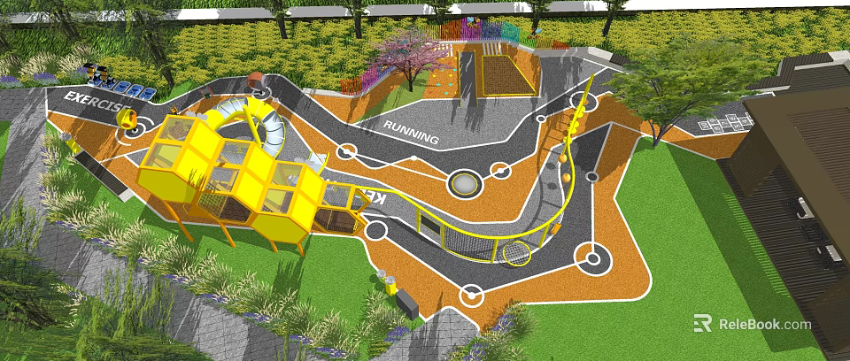 Playground Equipment With Yellow Climbing Structure Running Track Colorful Ground Green Lawn And Trees 3d model 