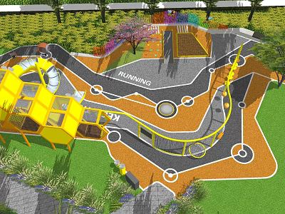Playground Equipment With Yellow Climbing Structure Running Track Colorful Ground Green Lawn And Trees 3d model