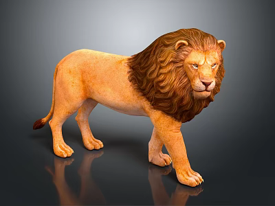 Realistic Lion Statue With Detailed Mane Standing On Reflective Dark Surface 3d model