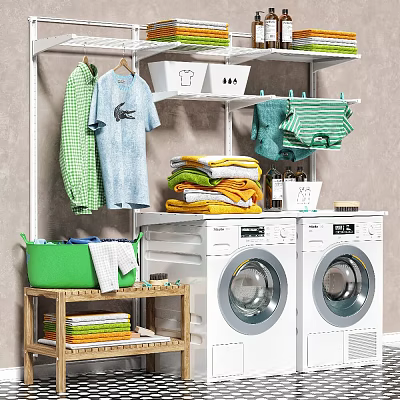 Two Washing Machines In Laundry Room With Folded Colorful Laundry Hanging Clothes And Green Basket 3d model