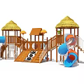 Wooden Playground Equipment With Thatched Roof Playhouse Slide And Climbing Frames