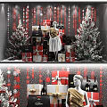 Christmas Shop Window Display Featuring Dior Shopping Bag Gift Boxes Wine Bottles Mannequin and Decorated Tree