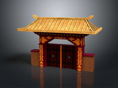 Scenery Of Traditional Chinese Gate With Golden Roof And Red Carved Decorations 3d model