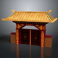 Scenery Of Traditional Chinese Gate With Golden Roof And Red Carved Decorations