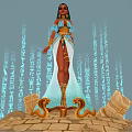Egyptian Goddess Figure In Traditional Attire With Blue Hieroglyphics And Stone Blocks