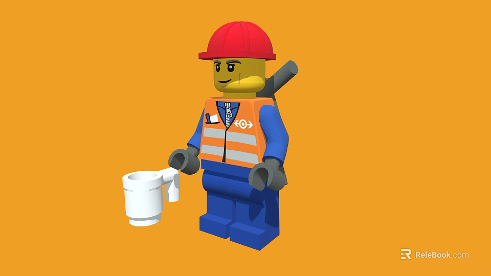 Lego Figure In Red Hard Hat Orange Safety Vest Blue Work Uniform Holding White Mug 3d model 
