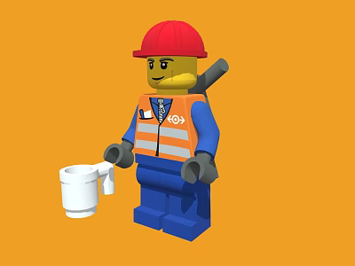 Lego Figure In Red Hard Hat Orange Safety Vest Blue Work Uniform Holding White Mug 3d model